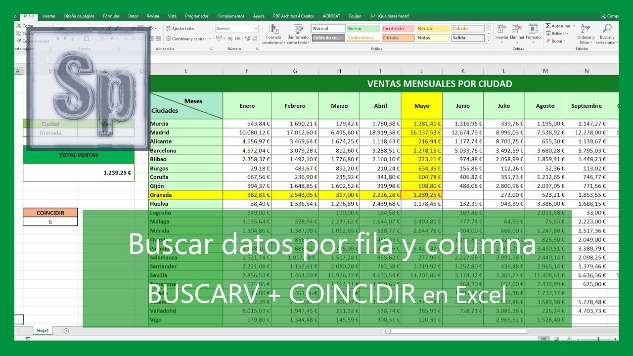 Excel - Buscar datos por fila y columna. Función BUSCARV + COINCIDIR en Excel. Español HD