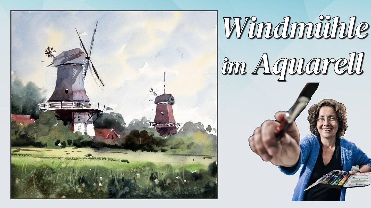 Aquarell Landschaft mit Windmühlen