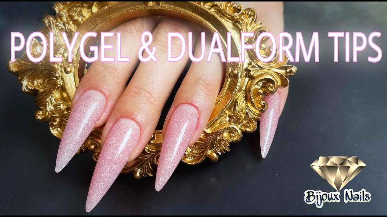 DIY Stiletto Nails polygel construction at home with dual form nail tips 2021
