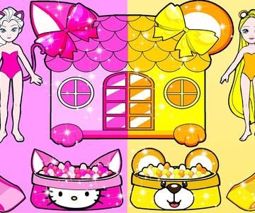 Trucos Y Manualidades Para Muñecas De Papel - Arte De Papel De Casa De Gato Rosa Y Perro Amarillo
