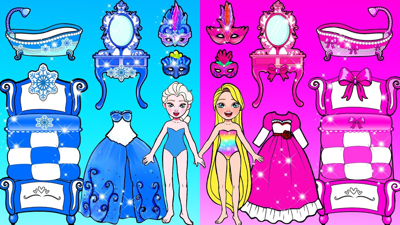 Trucos Y Manualidades Para Muñecas De Papel - Princesa Rosa Y Azul Vestir Arte De Papel