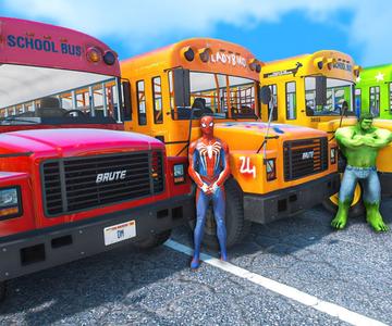 Superheroes School Bus Racing Challenge w/ Spiderman, Hulk \u0026 SuperMan (Funny Contest) #229