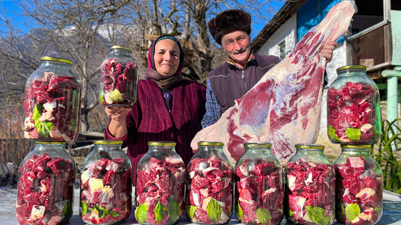 A real Village Canned Meat in Glass Jars made of a Huge Beef Leg