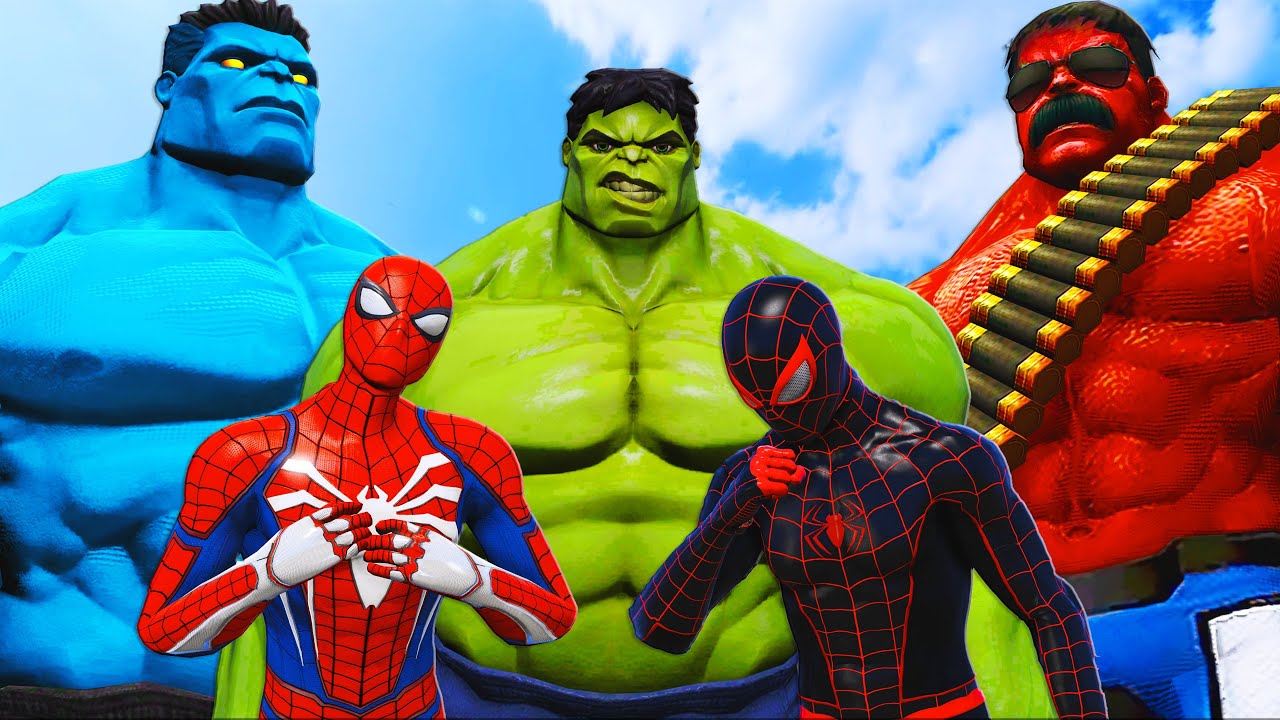 hombre araña y hombre araña millas morales vs hulk y hulk rojo y hulk azul
